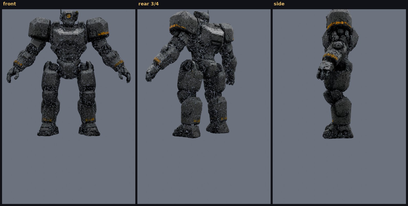 r01 forged mech, three views