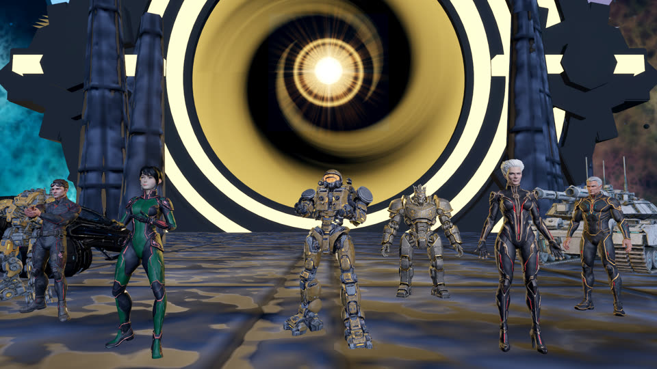 The Prism cast at the First Portal — humanoids, a mech and war vehicles before the gate