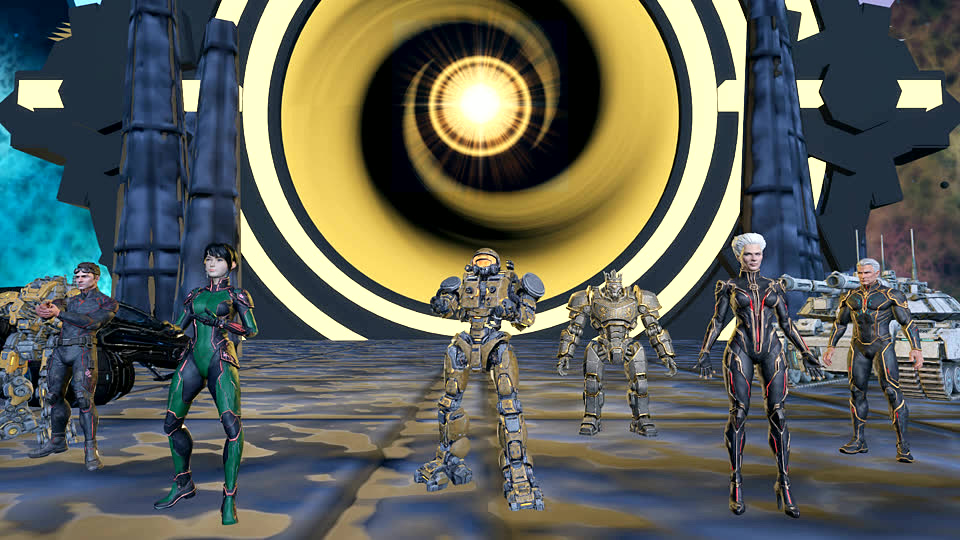 The Prism cast at the First Portal — humanoids, a mech and war vehicles before the gate