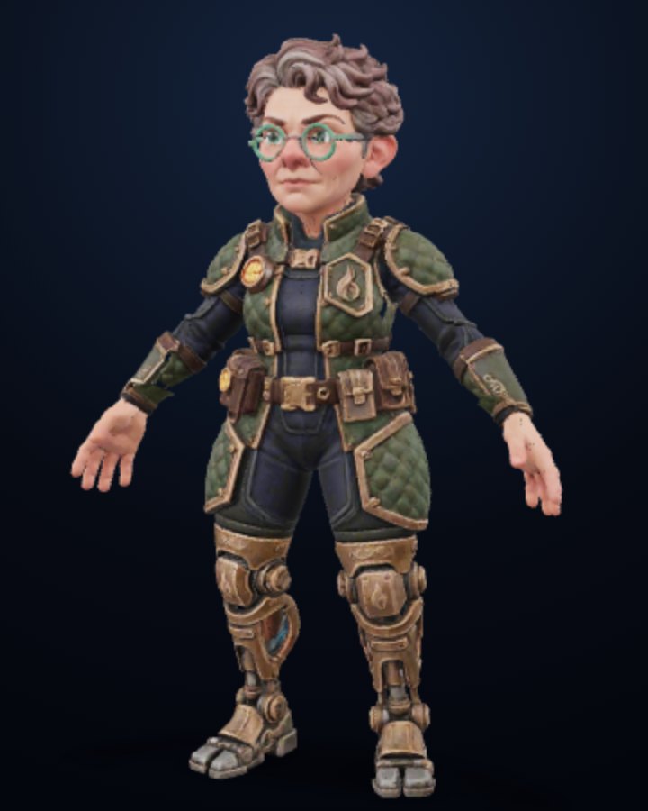 Archivist Daisy 'Gear-Foot' — Prism humanoid build, off-screen render
